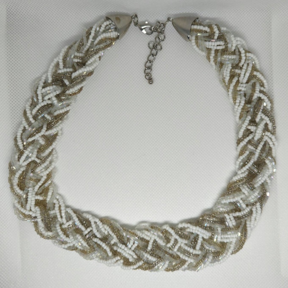 Braided Beaded Necklace‎ Silver White 20"